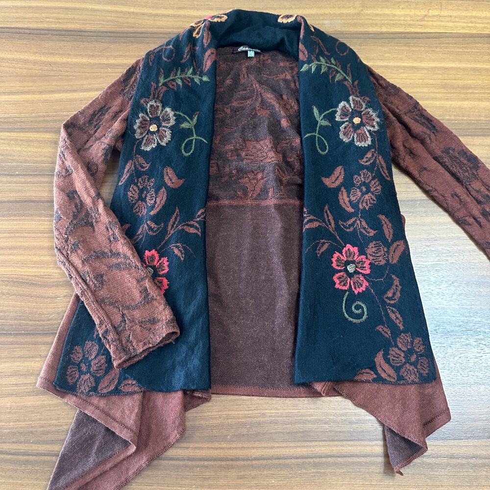 Caamana 100% Peruvian Alpaca Brown Floral Cardigan, Boho, Artisan, Luxury, Large